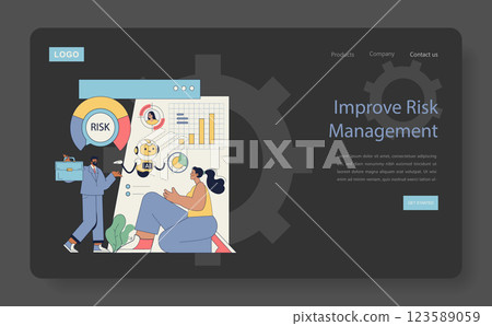 Robot advisor concept. Innovative approach to risk management using artificial intelligence and data analysis. Visuals include charts, a robot, and professionals collaborating for effective solutions 123589059