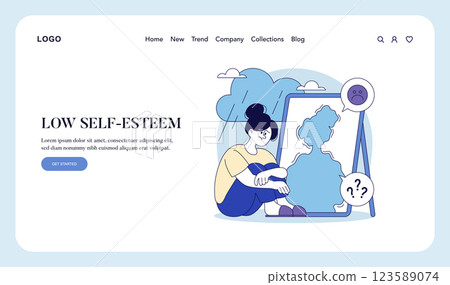 Illustration of a person experiencing low self-esteem, reflecting on their image in a mirror. The scene conveys a sense of emotional struggle and self-doubt. It highlights the internal conflict of 123589074