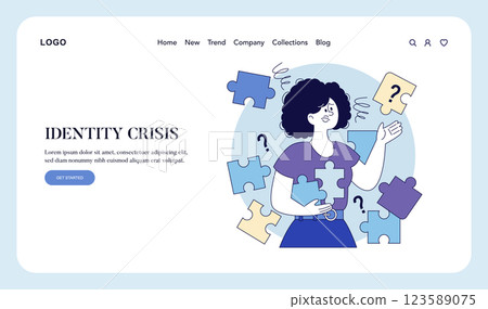 Identity crisis theme illustrated with a person juggling puzzle pieces. The design captures the confusion and searching for self-identity. An engaging visual representation of emotional struggle 123589075