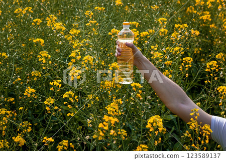 A man's hand holds a bottle of rapeseed oil 123589137