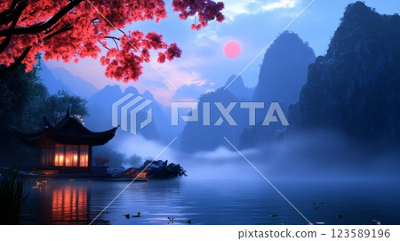 Misty Mountain Serenity Evening East Asia Landscape Photography Tranquil Water Atmospheric Depth 123589196