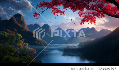 Misty Mountain Reflections at East Asian Lake Scenic Landscape Serene Atmosphere Dusk View 123589197