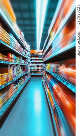 Motion Blur in Supermarket Aisle Retail Store Photography Indoor Dynamic Perspective 123589229