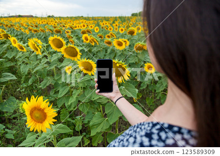 Girl takes close-up photo of sunflower field on her phone 123589309