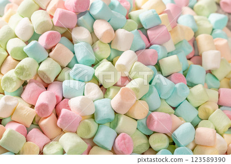 Colorful marshmallows in close-up shot, perfect for sweet treat designs 123589390
