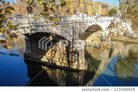 Rome, cityscape. View of the Tiber river and the Ponte Giuseppe Mazzini bridge in autumn, toned photo in retro style 123589429