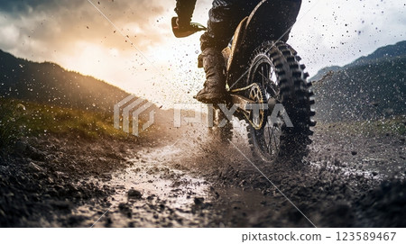 Dirt Bike Racing Through Muddy Trails Outdoor Adventure Action Shot Nature Low Angle Thrill of Speed 123589467
