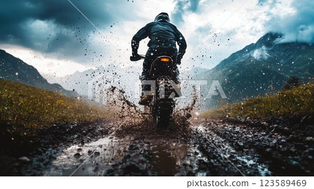 Muddy Mountain Trail Action Thrilling Dirt Bike Racing Adventure Muddy Mountain Trail Action Thrilling Dirt Bike Racing Adventure 123589469