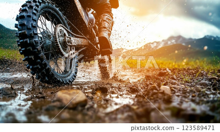 Thrilling Dirt Bike Racing Adventure in Muddy Trails Outdoor Sports Action Photography 123589471