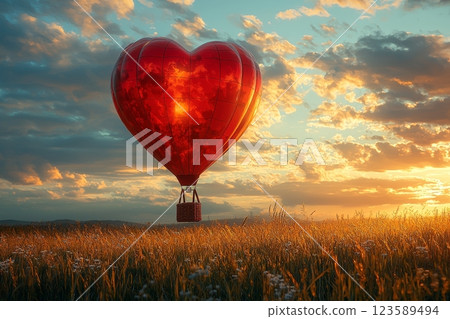 Heart-Shaped Red Balloon Soars Over Green Grass Field at Sunset 123589494