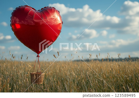Heart-Shaped Red Balloon Over Green Grass Field Outdoor Photography Serene Aerial View Love Concept 123589495