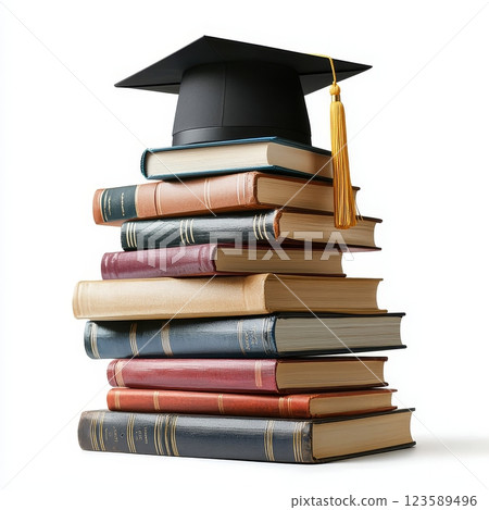 Graduation Celebration Books and Cap in Inspirational Setting 123589496