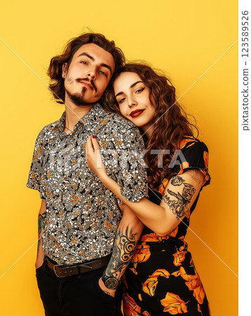 Young Couple Celebrating Valentine's Day Studio Portrait Cheerful Close-up Love 123589526