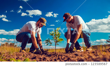 Two men planting a tree. Concept environmental protection 123589567