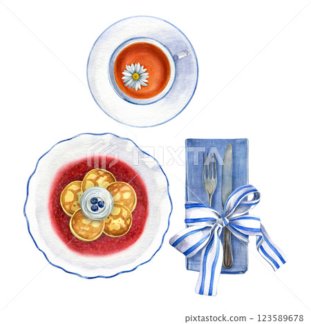 Breakfast. Watercolor illustration of syrniki in raspberry sauce with blueberries and sour cream on a white plate, chamomile tea in a cup, napkin, ribbon with strikes and cutlery. Good for postcards 123589678