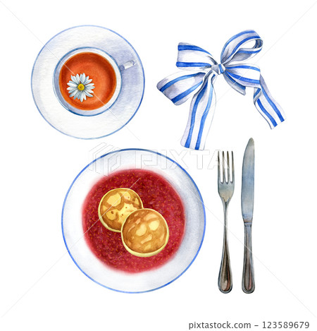 Breakfast. Watercolor illustration of syrniki in raspberry sauce on a white plate, chamomile tea in a cup, ribbon with strikes and cutlery. Good for postcards, recipes, menu, invitations 123589679