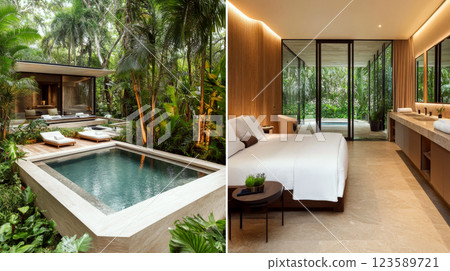 Luxury villa nestled in lush greenery, featuring a pool and elegant interior. Concept of tropical escape and modern comfort. 123589721