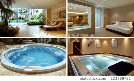 Lounge chairs, pools, and a bedroom are inside a luxury spa setting. Concept of relaxation, luxury, and comfort in an indoor spa environment. 123589722