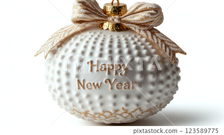 White ornament with a textured surface, adorned with a gold "Happy New Year" message and ribbon. Concept of festive decoration and celebration. 123589775