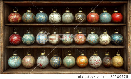 Various vintage ornaments are displayed on a wooden shelf. Concept of festive decoration and nostalgia. Various vintage ornaments are displayed on a wooden shelf. Concept of festive decoration and nostalgia. 123589776