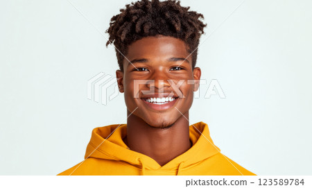 Smiling person wearing a yellow hoodie against a light background. Concept of happiness and youth. 123589784