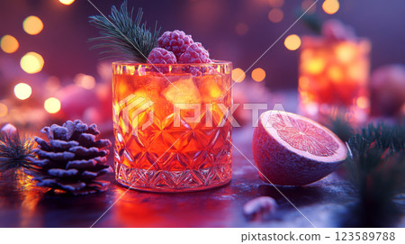 A decorated glass filled with a cold drink garnished with berries and pine on a festive table. Concept of holiday cheer and winter beverages. 123589788