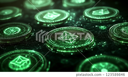 Coins with futuristic symbols are illuminated in green, floating in a digital matrix. Concept of digital currency. 123589846