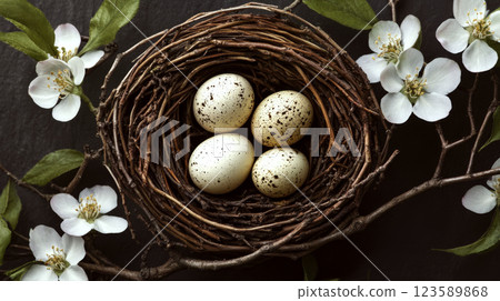 Nest with speckled eggs sits among blooming white flowers on branches. Concept of nature, spring, and life. 123589868