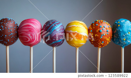Colorful cake pops on sticks are arranged in a row against a plain background. Concept of dessert art and creativity. Colorful cake pops on sticks are arranged in a row against a plain background. Concept of dessert art and creativity. 123589922