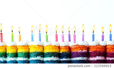 Colorful, layered cake slices lined up with lit candles on top. Concept of celebration and festivity. 123589923