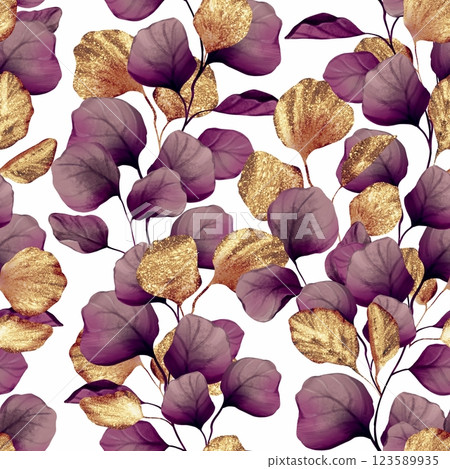 Seamless pattern of violet and gold leaves on white background. 123589935
