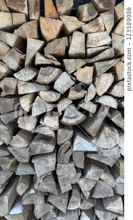 Stack of Natural Firewood Logs Arranged in Rustic Outdoor Setting 123589986