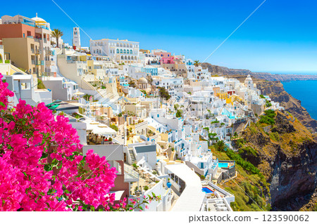 View of Thera or Fira the most beautiful village of Santorini island in Greece 123590062