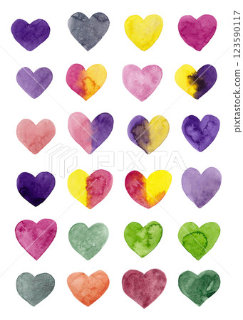 Hand drawn watercolor colorful hearts for your design. Big set 123590117