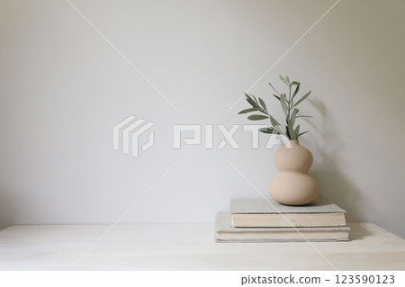 Elegant Mediterranean interior still life, home office. Organic shaped vase with green olive tree branches. White wooden office desk, table. Old books. Empty copy space, wall mockup. Minimal 123590123