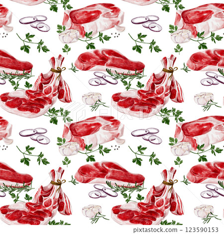 Seamless pattern with meat and spices. Beef and lamb with steaks and ribs. spices and onions with herbs. Pattern for kitchen and grocery store. Butcher shop and decor. Raw fresh meat. Seamless pattern with meat and spices. Beef and lamb with steaks and ribs. spices and onions with herbs. Pattern for kitchen and grocery store. Butcher shop and decor. Raw fresh meat. 123590153
