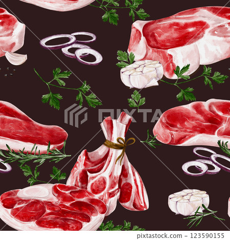Seamless pattern with meat and spices. Beef and lamb with steaks and ribs. spices and onions with herbs. Pattern for kitchen and grocery store. Butcher shop and decor. Raw fresh meat.  123590155