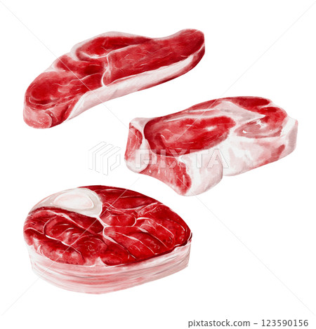Meat steaks from beef, pork and lamb. Raw red meat. Watercolor illustration isolated from the background. Set with raw meat for barbecue. Menu, assortment, advertising, meat department in the store. Meat steaks from beef, pork and lamb. Raw red meat. Watercolor illustration isolated from the background. Set with raw meat for barbecue. Menu, assortment, advertising, meat department in the store. 123590156