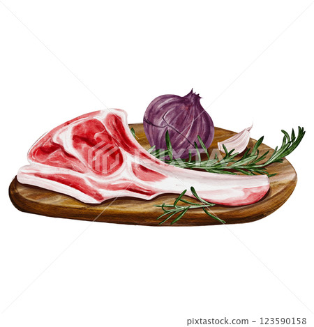 A piece of meat on the bone with spices and onions and garlic lies on a board. for cooking. Menu and recipe. Postcard for a cook. Watercolor illustration isolated from the background. lamb meat. A piece of meat on the bone with spices and onions and garlic lies on a board. for cooking. Menu and recipe. Postcard for a cook. Watercolor illustration isolated from the background. lamb meat. 123590158