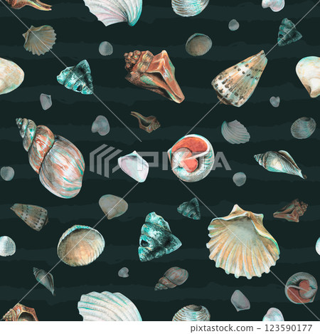 Seashell Seamless pattern on a dark blue background. Hand drawn watercolor Sea Shells for wrapping paper or textile in nautical style. Underwater illustration with cockleshell and scallop 123590177