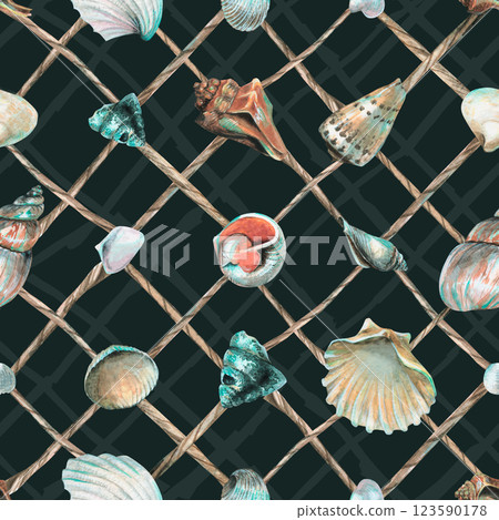 Seashells are hung on a fishing net made of ropes. Hand drawn watercolor illustration. Seamless pattern on a dark blue background marine, beach, summer Seashells are hung on a fishing net made of ropes. Hand drawn watercolor illustration. Seamless pattern on a dark blue background marine, beach, summer 123590178