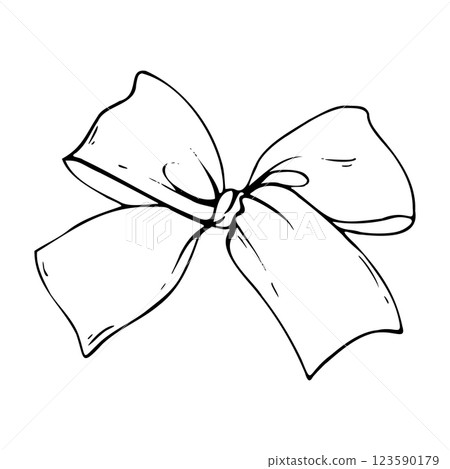 Satin fabric bow, with short wide ribbons. Graphic sketch illustration hand drawn line art, outline in black ink. Single isolated element vector EPS, for hair decoration, clothes, gifts, holidays Satin fabric bow, with short wide ribbons. Graphic sketch illustration hand drawn line art, outline in black ink. Single isolated element vector EPS, for hair decoration, clothes, gifts, holidays 123590179