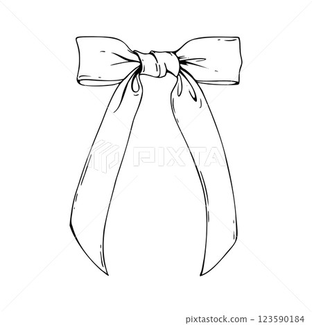 Satin fabric bow, narrow with long twisted ribbons. Graphic sketch illustration hand drawn line art, outline in black ink. Single isolated element vector EPS, for decoration Satin fabric bow, narrow with long twisted ribbons. Graphic sketch illustration hand drawn line art, outline in black ink. Single isolated element vector EPS, for decoration 123590184