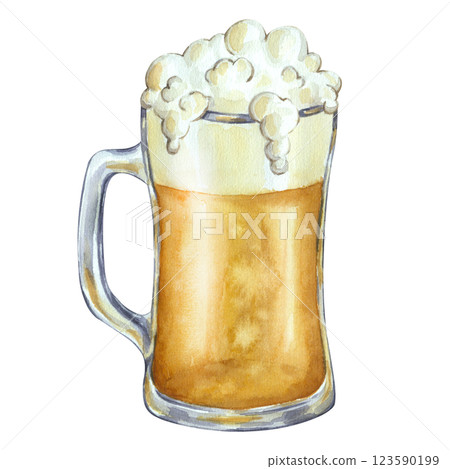 Glass mug with beer ale for Oktoberfest or Saint Patrick's Day. Hand drawn watercolor illustration isolated background. Happy March 17th. For Irish bar menu, postcard, logo, invitation 123590199