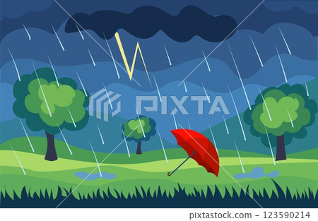 Vector illustration of a red umbrella in a stormy landscape with rain and lightning Vector illustration of a red umbrella in a stormy landscape with rain and lightning 123590214