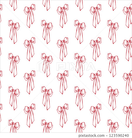 Red bows. Coquette core. Seamless pattern EPS vector hand drawn for cute core, girly, romantic, greeting, wedding design, textile, wrapping, fabric, wallpaper and scrapbooking paper. Outline sketch. 123590240