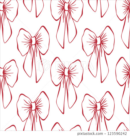 Red bows. Coquette core. Seamless pattern EPS vector hand drawn for cute core, girly, romantic, greeting, wedding design, textile, wrapping, fabric, wallpaper and scrapbooking paper. Outline sketch. 123590242
