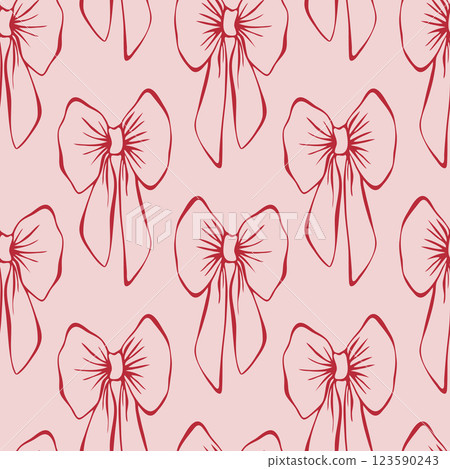 Red bows on pink background. Coquette core. Seamless pattern EPS vector hand drawn for cute core, girly, romantic, wedding design, textile, wrapping, fabric, wallpaper, scrapbooking. Outline sketch. Red bows on pink background. Coquette core. Seamless pattern EPS vector hand drawn for cute core, girly, romantic, wedding design, textile, wrapping, fabric, wallpaper, scrapbooking. Outline sketch. 123590243