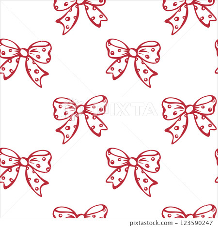 Red polka dot bows. Coquette core. Seamless pattern EPS vector hand drawn for textile, wrapping, fabric, wallpaper, cute core, girly, romantic, wedding design and scrapbooking paper. Outline sketch. Red polka dot bows. Coquette core. Seamless pattern EPS vector hand drawn for textile, wrapping, fabric, wallpaper, cute core, girly, romantic, wedding design and scrapbooking paper. Outline sketch. 123590247