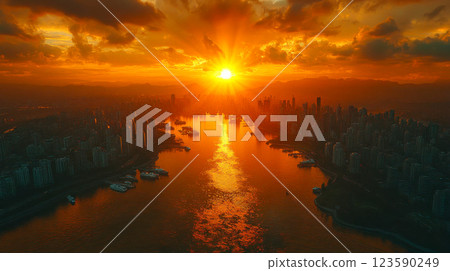 A breathtaking aerial view of a futuristic city skyline at sunset, surrounded by water, with glowing skyscrapers reflecting the golden hues 123590249